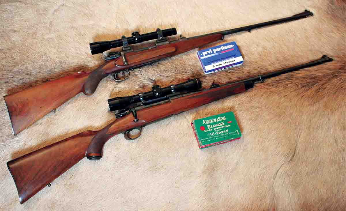 This pair of Mauser-action mystery rifles include a 8x57 (top) made about a century ago in Germany, and a .30-06, probably made after World War II in the United States.